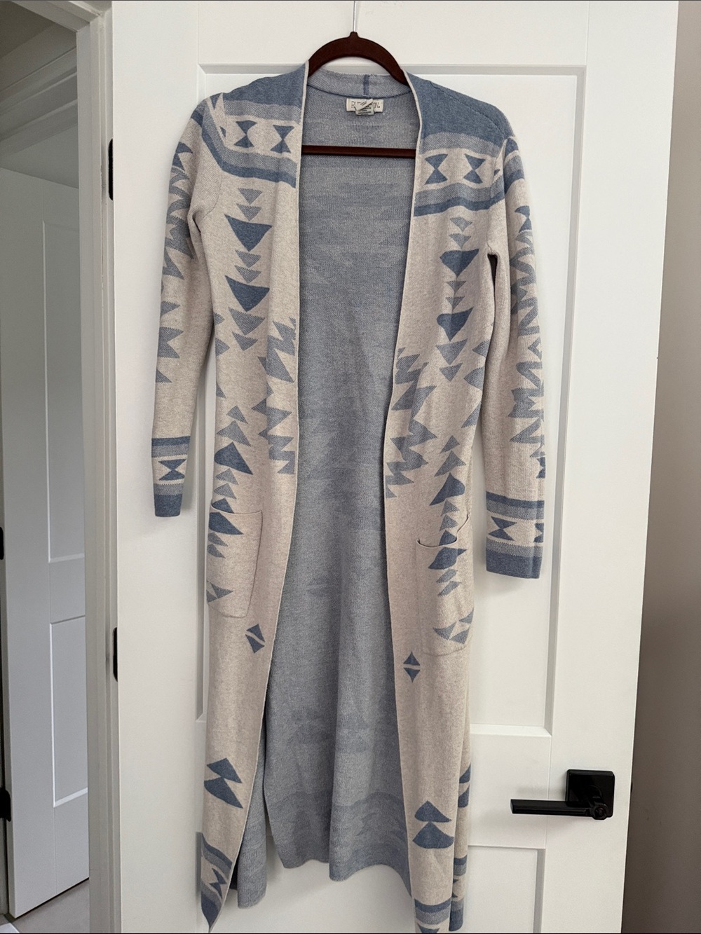 ruby moon Long Open-Front Aztec Cardigan in Light Blue and Cream